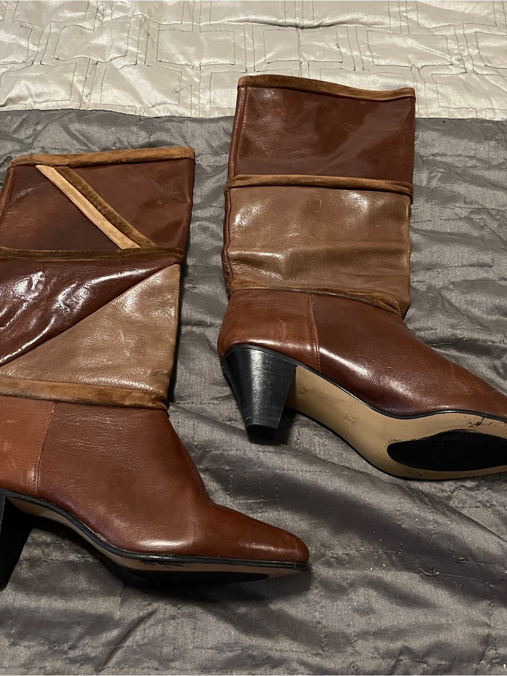 PAZZO Two-Tone Brown Leather Mid-Calf Heeled Boots